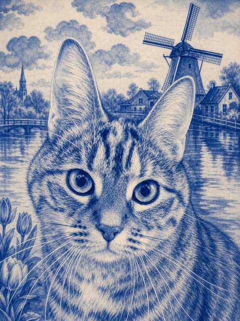 Marktportret: kat in de stijl Delft Porcelain