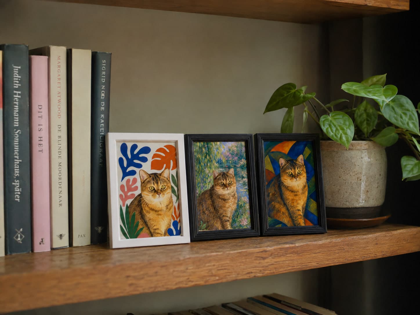 Drie kleine ingelijste kattenportretten van dezelfde kat in drie verschillende stijlen, naast elkaar op een houten boekenplank in warm lamplicht