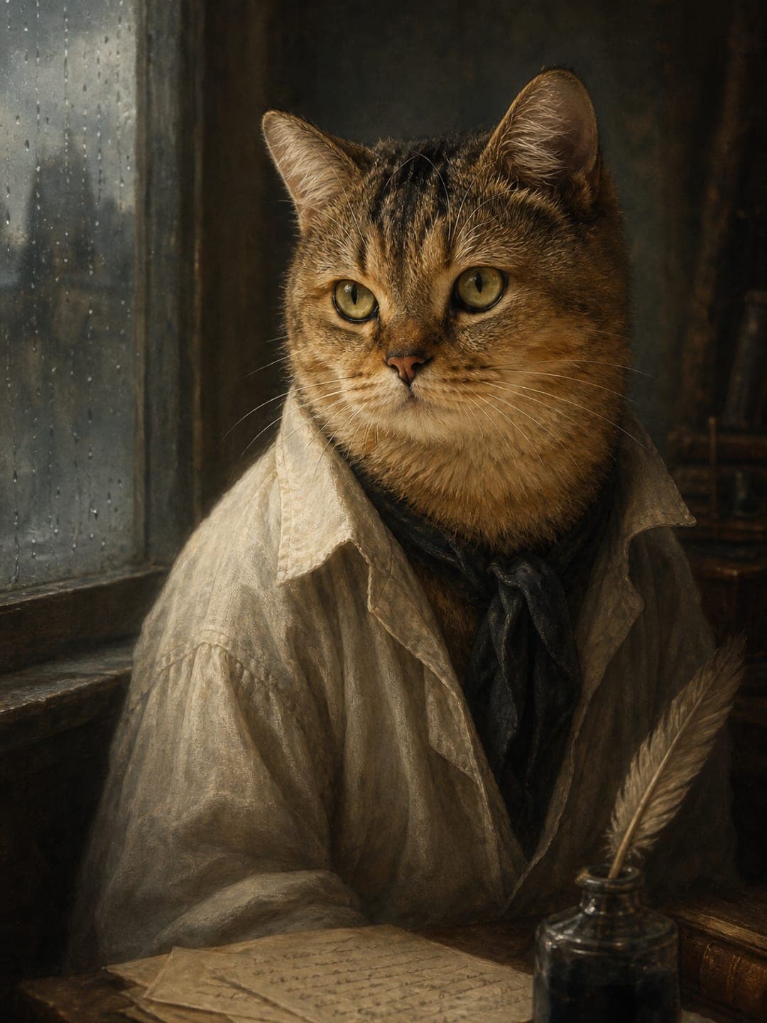 Kattenportret in romantische stijl: een kat in een linnen hemd met donkere sjaal aan een schrijftafel, bij een beregend raam
