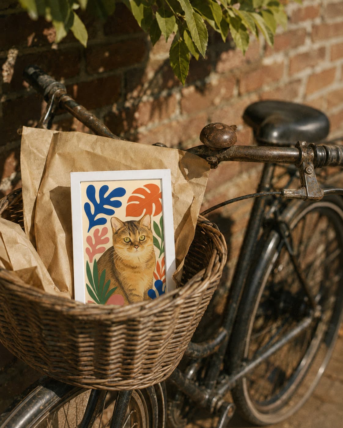 Een ingepakt, ingelijst kattenportret in de rieten mand van een oude Nederlandse fiets, tegen een bakstenen muur in laat middaglicht